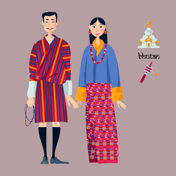 Bhutan. Couple in traditional national clothes. Vector illustration